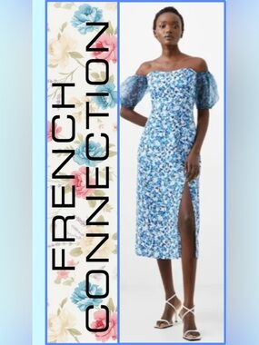 NWT FRENCH CONNECTION Clara Floral puff sleeve dress in midnight blue Sz 10
